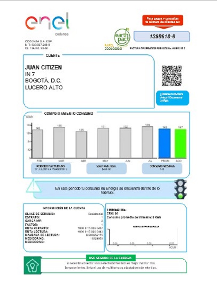 Colombia ENEL energy utility bill
